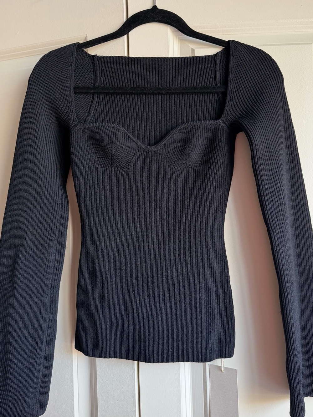 Pixie Market Black Ribbed Square-Neck Long Sleeve Top